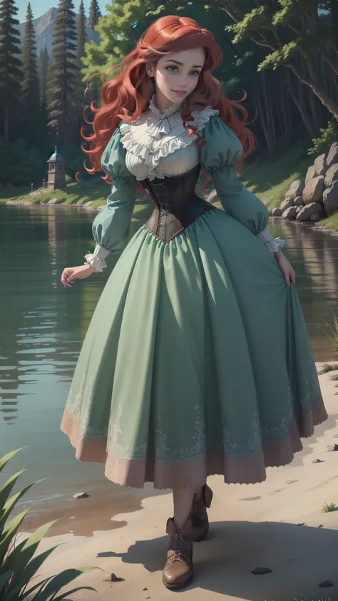 ((Full body photo, standing, feet on the ground)) Photorealistic, photography, (ArielWaifu:1), smile, cute, beautiful pose, looking at the viewer, thick thighs, (elegant party dress, hair bow, corset), walking, from below, bright red hair, (realistic: 1.2)...