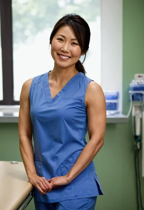 Beautiful 30 year old athletic attractive female asian nurse wearing sleeveless top taking a break in hospital. Muscular arms. Smiling