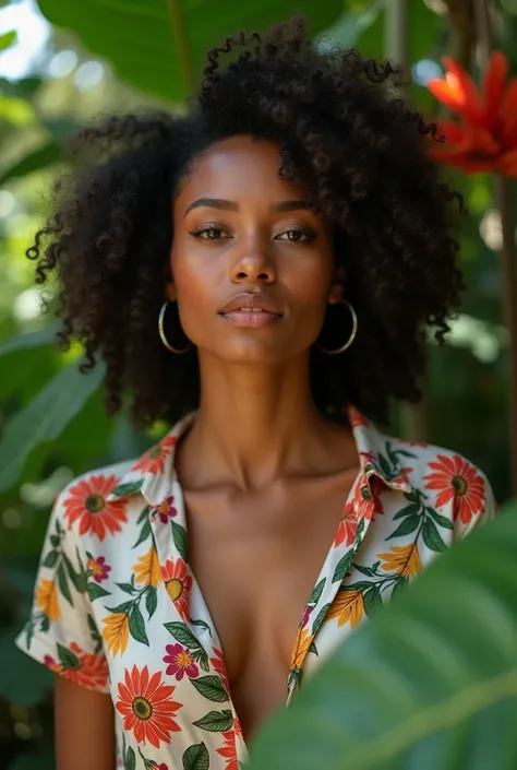 A Brazilian woman in a lush tropical garden, wearing an open shirt with a floral print, with a close-up capturing the harmonious beauty between her breasts and the natural flowers, showing off your natural charm and outgoing personality.