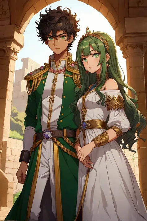 teenage commoner girl from a kingdom with tan skin, average height, curly blue hair, emerald green eyes, next to a fair-skinned prince, tall, brown hair and silver eyes for cover for wattpad story in mahwa anime style