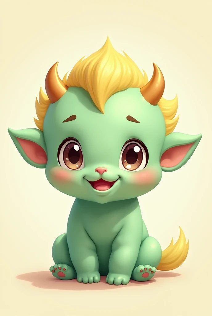 I want an image of a baby with adorable features, like a soft green skin, small normal ears and small horns in anime style can include large expressive and shiny eyes and fluffy yellowish hair, without pointy ears