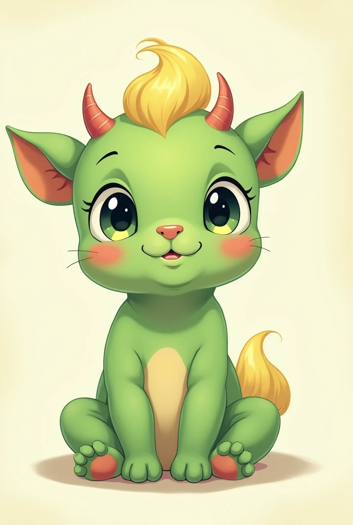 I want an image of a baby with adorable features, like a green skin, small normal ears and small horns in anime style can include large expressive and shiny eyes and fluffy yellowish hair, without pointy ears