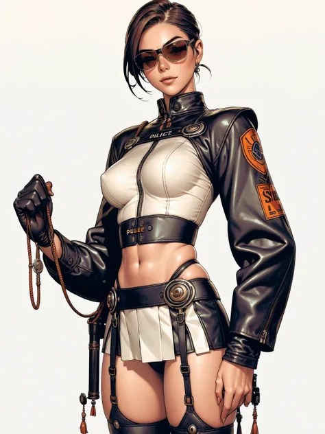 Uma Kizi jovem com cabelo bagunçado ruivo, (((police suit))), (((sexly police))), (((police cosplay))), (((wide garter belt and stockings 3/4))), (((wearing futuristic sunglasses))), (((Police cap))), (((wearing pleated leather mini skirt))), crop top with...