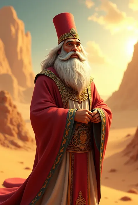 An animated image of an Egyptian sheikh wearing a red fez on his head, with a thick white beard and beard. 