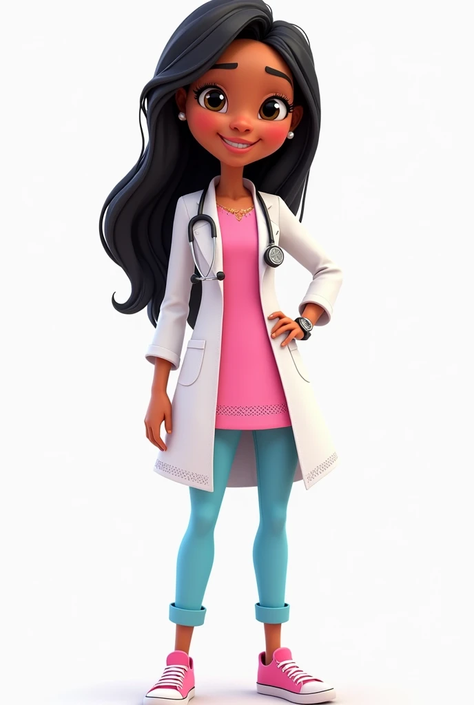 a disney pixar style nurse, in a pink dress with long black hair, with stethoscope, white coat with lace, baby blue pants, relogio no pulso, light mulatto skin, long, very black, straight hair without waves, pink sneakers background png 