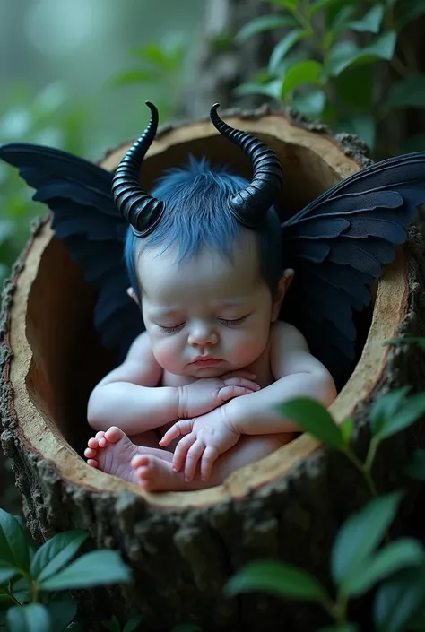 detailed art. masterpiece. Newborn baby with very short navy blue hair. The baby has two small black horns on the sides of its head.. The baby&#39;s horns are similar to Maleficent&#39;s, but much smaller. The baby has white skin. Baby has slightly pointed...