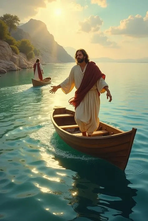 Peter leaving the boat to walk on the water with Jesus 