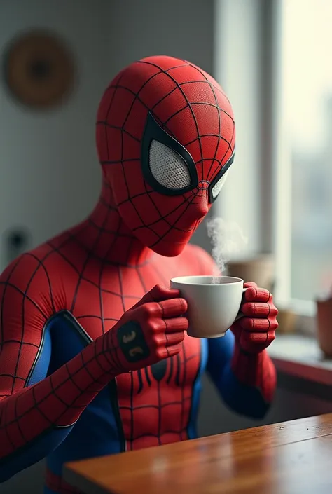 I want you to create an image of Spiderman with his head drinking coffee