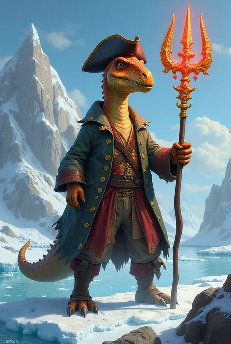 A parasaurolophus dressed as a pirate, on an arctic landscape background, with wooden leg, whose weapon is a golden trident with rubies and emanates a red aura from the tip