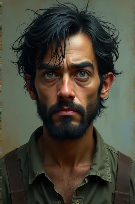 Juan is a tall, thin man., with dark and disheveled hair. His green eyes are surrounded by dark circles, which reveals his tiredness and hopelessness. He has a few days&#39; growth of beard and wears scruffy clothes..
