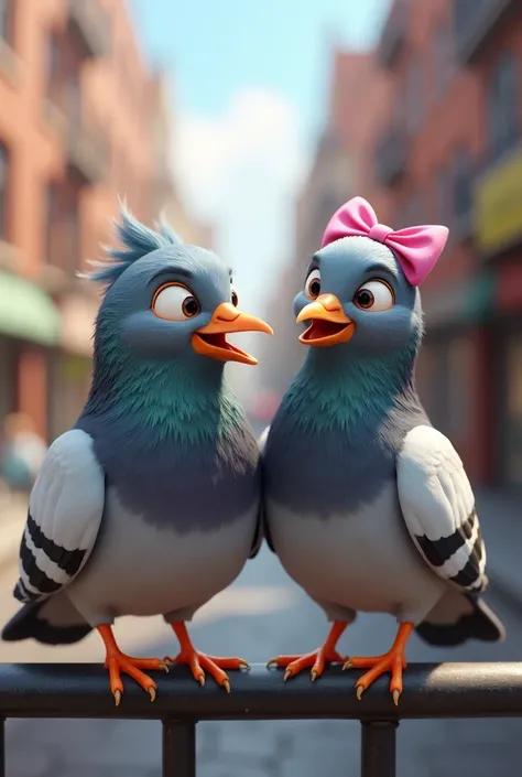 Two street pigeons laughing a lot, one has a pink bow on her head 3d style