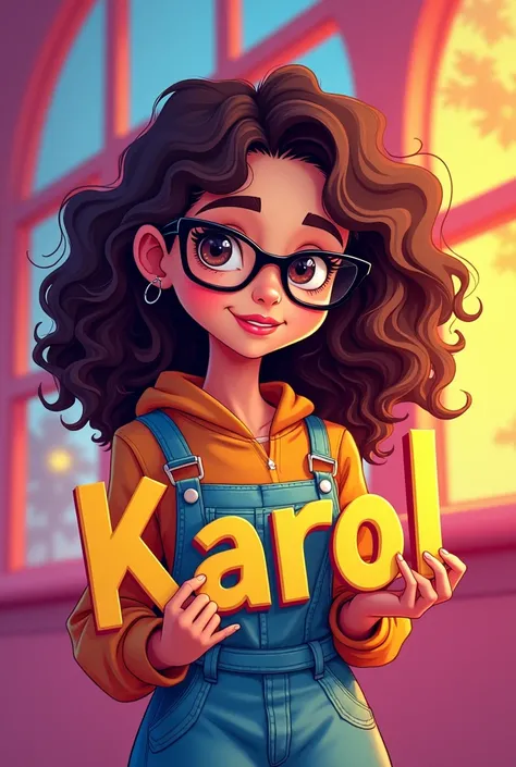 A cartoon style brunette teenager, with dark glasses, curly hair, holding in her hands her name Karol