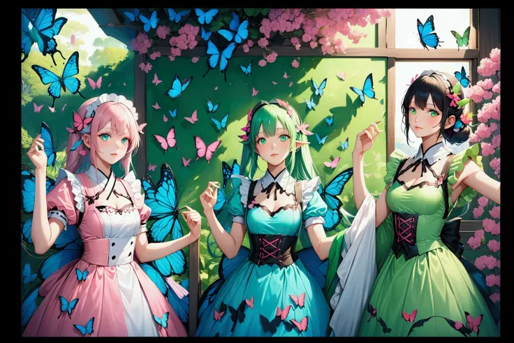 realistic anime illustration of 3 beautiful fairies maid with wings on their back, they have different color outfits, (pink, green, and blue) (3girls, solo, full body), many butterflies flying around them, (masterpiece, best quality, japanese anime style),...