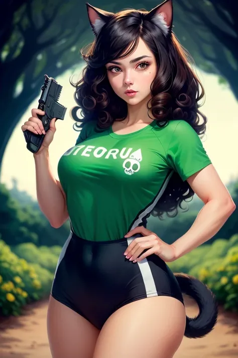 A brunette woman with curly hair, anthropomorphic with ears
cat wearing a green gym suit, black hair, green eyes, beautiful
large circular reflective eyes,black t-shirt with skull print,
holding a Colt 45 pistol, (cinematic composition).