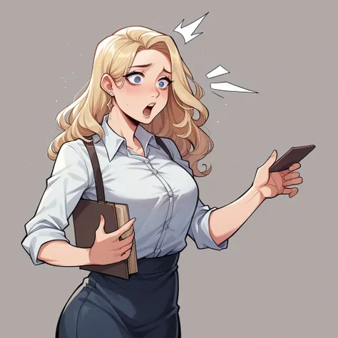 Beautiful woman, 25 years old, Not too high, long curly light blonde hair, Slim waist, big , الوركين bigة الحجم وشكلها جيد. She is wearing a secretary uniform., She talks to fat., toddler .. He is not wearing anything., He is surprised.