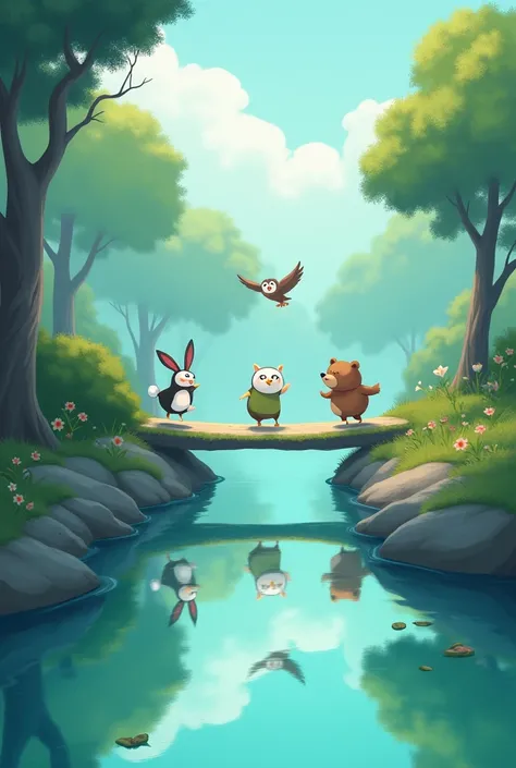 A wide, serene river with a bridge that seems to be made of air, almost invisible, reflecting only the sky and the surrounding trees. Tico, o coelho, jumps confidently across the bridge, while Luna, The owl, fly above, and Bento, the bear, advance carefull...