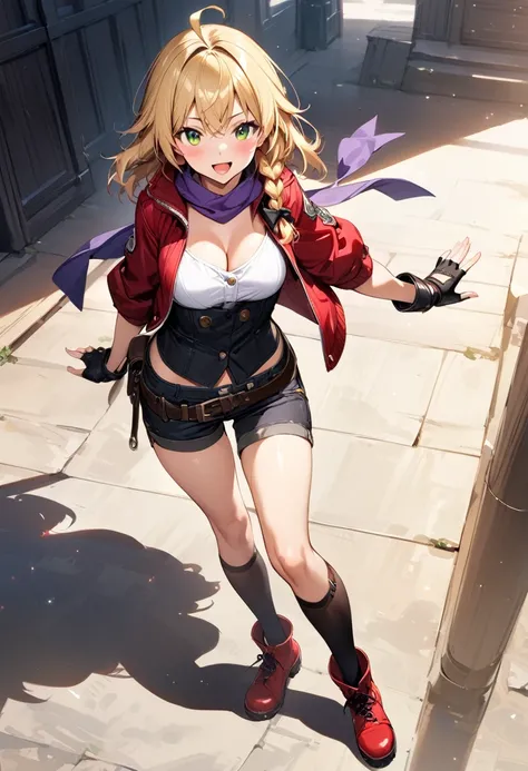 (masterpiece),(best quality),(ultra-detailed),(best illustration),(best shadow),(absurdres),(detailed background),(very aesthetic), 1girl, solo, blonde-hair, braid, boots, ahoge, shorts, gloves, fingerless-gloves, open-mouth, belt, socks, red-jacket, smile...