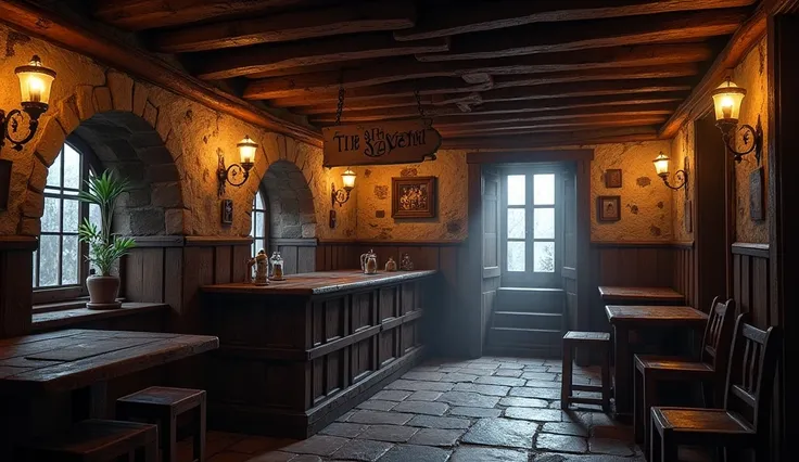 A medieval tavern named after "At High Tide". A discreet place, with a weathered wooden sign swaying in the wind and narrow windows that barely let in any light.