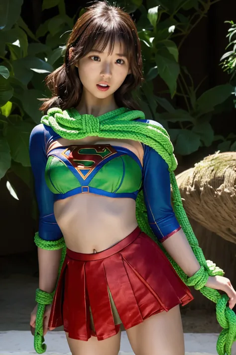 Japanese Supergirl has a glowing green rope wrapped around her stomach,The rope also wraps around Supergirl&#39;s legs.,Supergirl has a pained look on her face.,Supergirl is screaming.,Supergirl is weak,Supergirl leans back