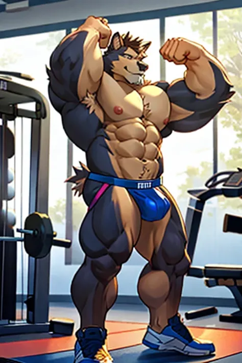 pubraseer, hyper muscular, naked, jockstrap, gym, flexing. 