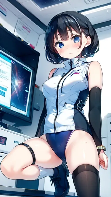 (Highest quality), (masterpiece), 1080P, High resolution, 4K, 8k, Inside the space station、Futuristic room、Thigh straps, Shooting from directly below, The woman on top of me, 白いSweat, Covered , Sweat, Woman looking down, Skirt swimsuit, Thigh-high socks, T...