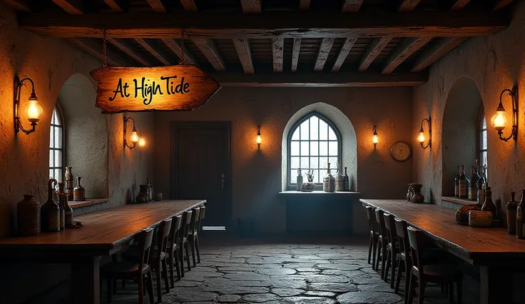 A medieval tavern named after "At High Tide". A discreet place, with a weathered wooden sign swaying in the wind and narrow windows that barely let in any light.