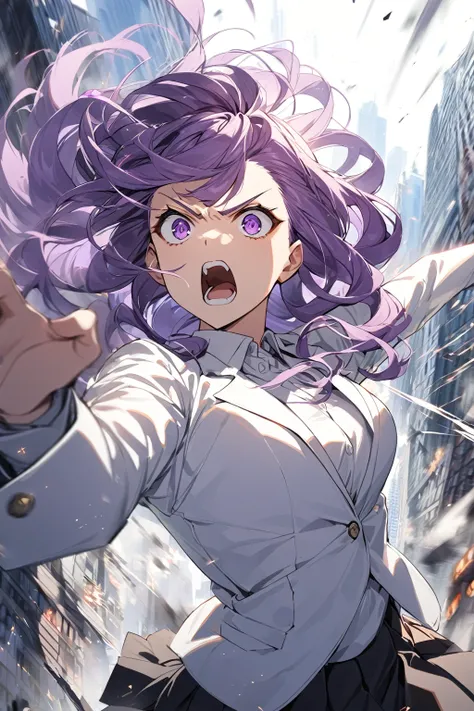 1 girl , purple curly hair , purple eyes,  upper body, wearing white suits,white shirt,black pleated skirt,furious,furious,city background,dynamic pose,dynamic angle,