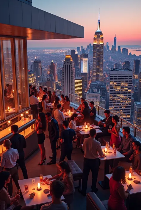 Crowd Partiing at a rooftop bar, realistic, new york