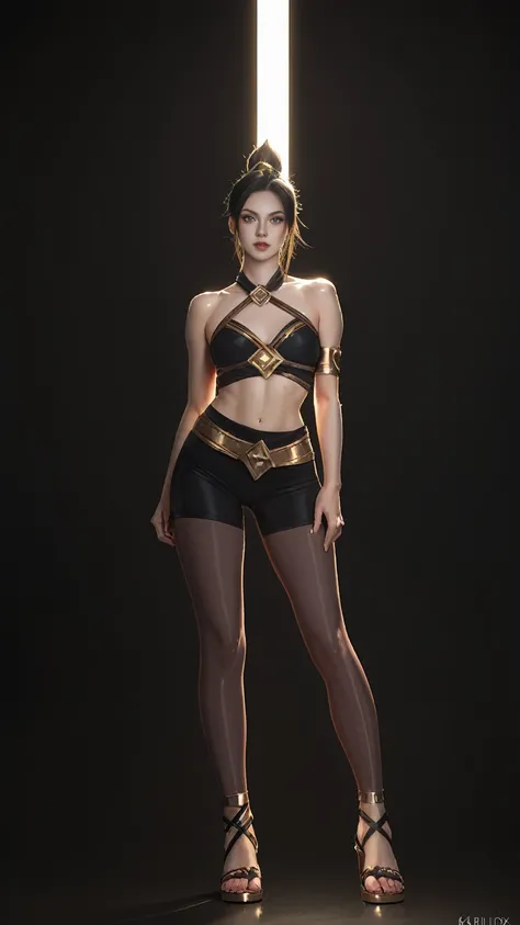 realistic, score_9, score_8_up, score_7_up, score_6_up, 
1girl, solo, from front, full body, Khazix (league of legends),  black background, makeup, sidelighting, backlighting, glowing, leggings and gladiator sandals: 1.2