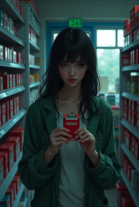 Girl secretly buying a pack of red skin cigarettes in a store 