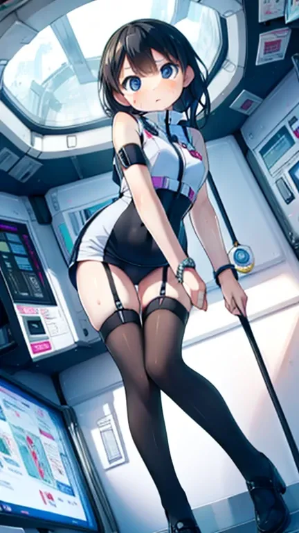 (Highest quality), (masterpiece), 1080P, High resolution, 4K, 8k, Inside the space station、Futuristic room、Thigh straps, Shooting from directly below, The woman on top of me, 白いSweat, Covered , Sweat, Woman looking down, Skirt swimsuit, Thigh-high socks, T...