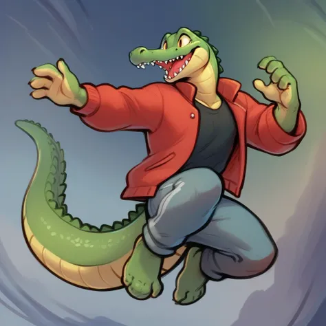 sclaie, crocodile, anthro, solo, clothing, male, topwear, clothed, red jacket, detailed background, hi res, feet, shirt, open mouth, action pose, smile, toes, 5 fingers, fingers, gesture, teeth, biped, barefoot, 