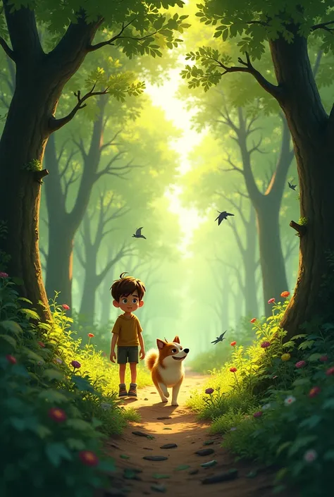 Prompt: A dense, sunlit forest with tall trees and a forest floor covered in leaves. The boy and his dog walk along a narrow trail, looking around with curiosity and excitement.