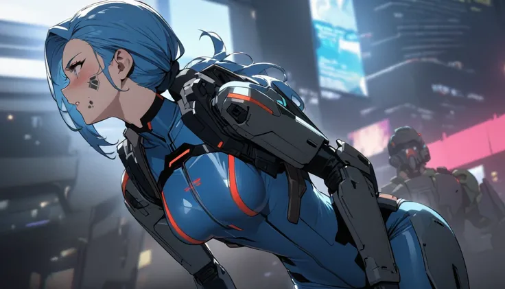 Blue Hair、Masterpiece、Best Quality、1 girl、Medium breast、Light on Face、Slim Body、Blue Costume、Exoskeleton、metal Gear、Cyberpunk Style、ponytail、The Gundam pilot、attention arousal，Ride a fighter