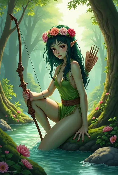 
A nature elf who bears a resemblance to Marcile from Dungeon meshi who is 18 years old and is a little green with dark hair and brown eyes and shy who is a cleric with a bow and arrow and a flower tiara who believes in the god of water
