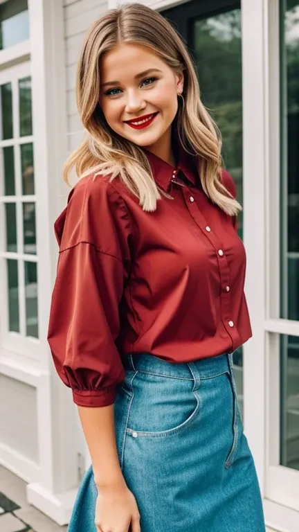 Jenna boyd wearing sexy scandinavian style clothes with lipstick and smiling