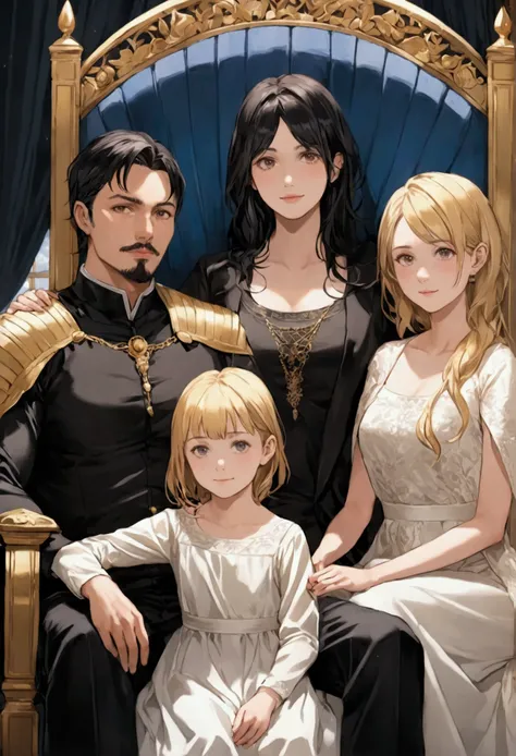 Une photo de famille, a 27 year old mother with loose black hair sitting on a throne, a sister with brown hair, an 8 year old sister with long blonde hair, a black hair brother,and a 31 year old father with short hair