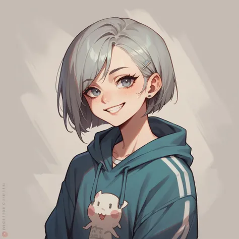 teen, sweatshirt, gray hair, cheeky smile
