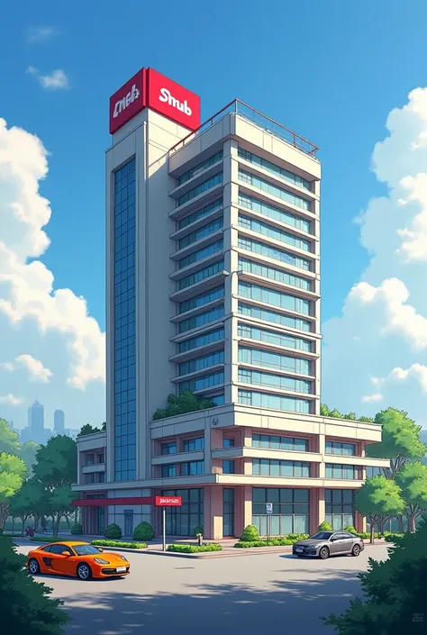 A 9-story building on the side of an event area in a small town of 15.000 inhabitants with the wga capital logo on top of the building in red Let it be realistic 