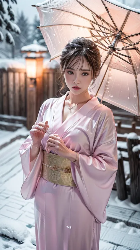 (RAW shooting, Photoreal:1.5, 8K, highest quality, masterpiece, ultra high resolution), ((((heavy snow, Blizzard)))), Highly detailed skin and facial textures:1.3, perfect dynamic composition:1.2, (In front of a shrine at night in a modern city, expression...