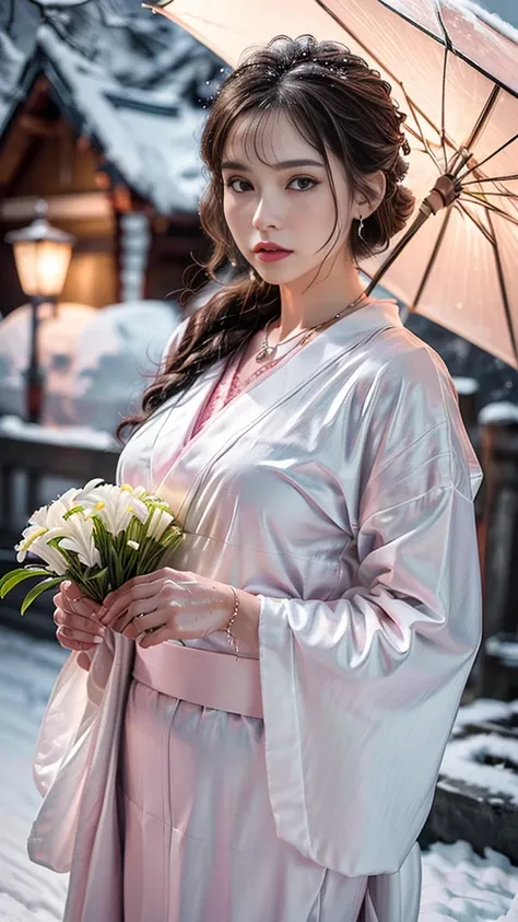 (RAW shooting, Photoreal:1.5, 8K, highest quality, masterpiece, ultra high resolution), ((((heavy snow, Blizzard)))), Highly detailed skin and facial textures:1.3, perfect dynamic composition:1.2, (In front of a shrine at night in a modern city, expression...