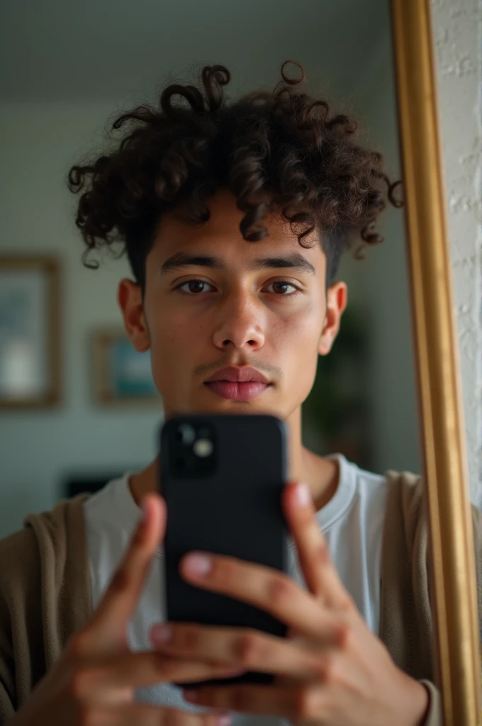 Photo of an 18-year-old Brazilian man with curly hair taking a picture in the mirror with a phone