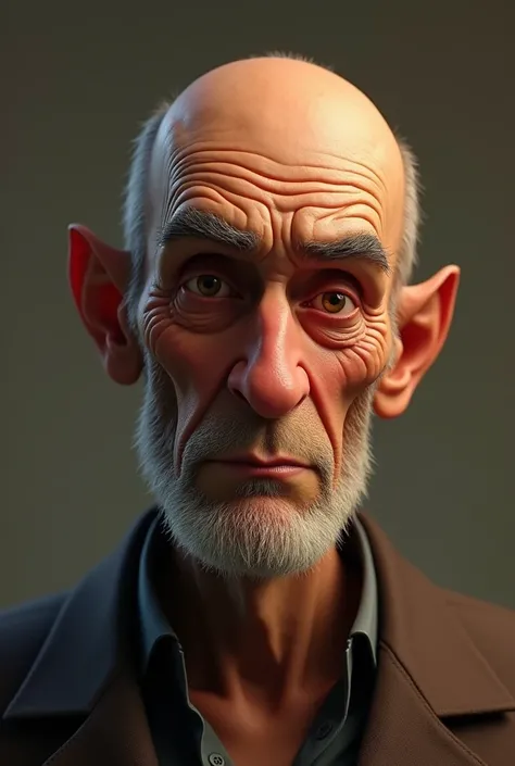 An 80 year old man,bald and very dark bald and tall in pixar model