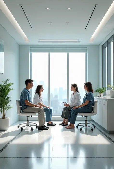 Clinic room with 3 people sitting with light grey terrazzo floor with strapping

