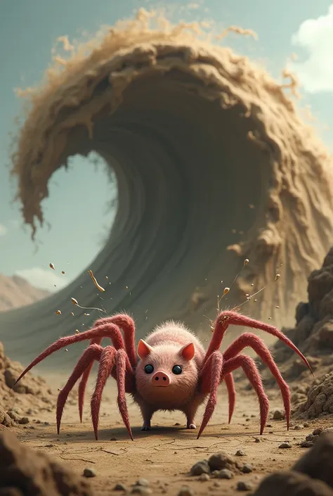 I want you to create an image of a spiderpig releasing mud and behind him is a mud tsunami.