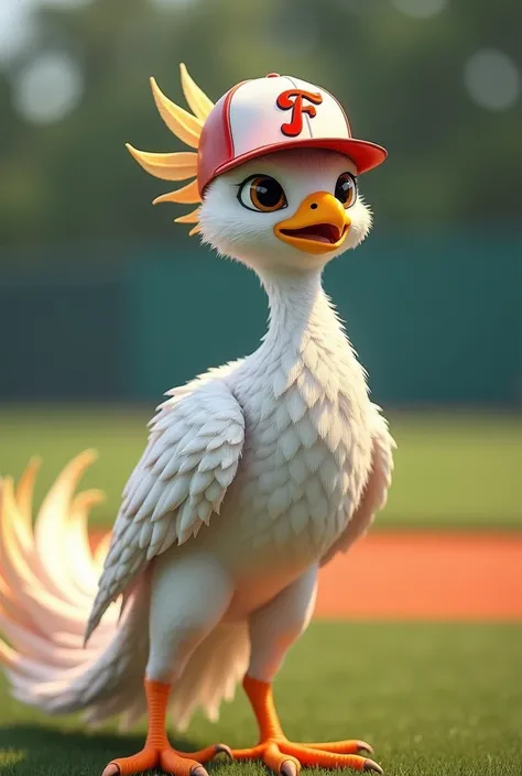 Thin phoenix in white baseball uniform, cap with letter F, ready to bat