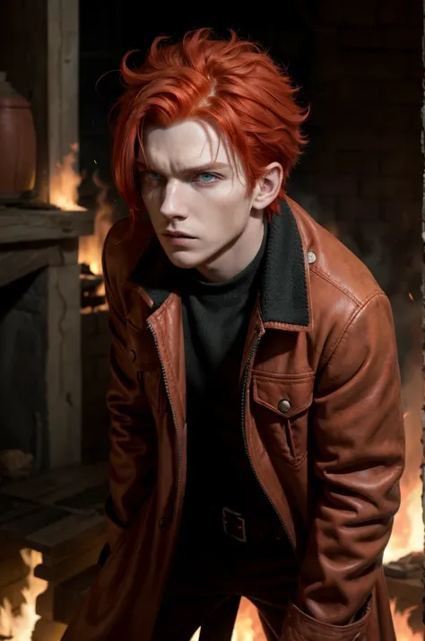 man with red hair and eyes that burn with intense fury, wears only the hunters&#39; uniform, he is full of scars all over his bo...