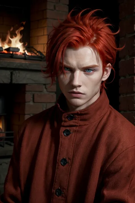 man with red hair and eyes that burn with intense fury, wears only the hunters&#39; uniform, he is full of scars all over his bo...