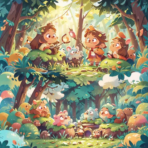 Smal tender animals singing in the forest around a camp fire, joyful atmosphere. Background: night, fluffy clouds. illustration for children, 2d digital illustration