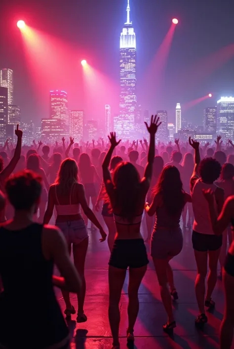 Many people Dancing, full Dancefloor, rooftop bar, new york Background 